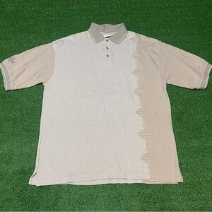 Vintage Harley Davidson Polo Shirt XL Tan Striped Multi-Logo Bedford Texas Y2K